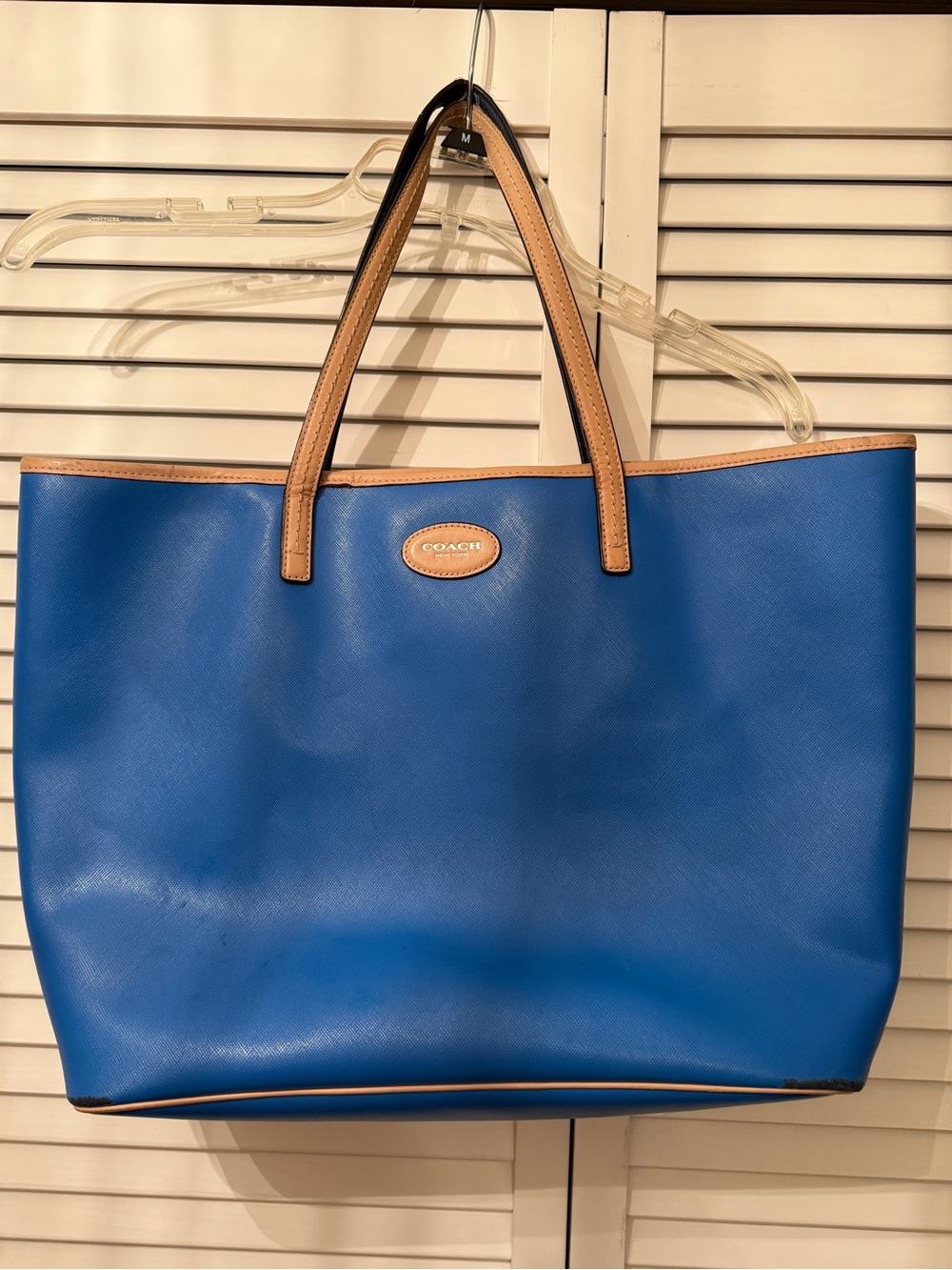 Coach Blue Leather Tote Bag Tan Trim Structured Large Handbag